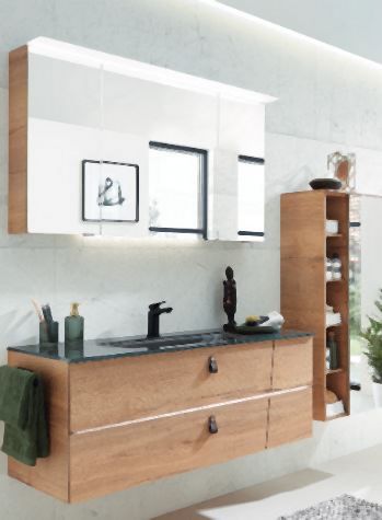 Badkombination - bestehend aus:  Glaswaschtisch, Waschtischunterschrank, Doppelspiegelschrank